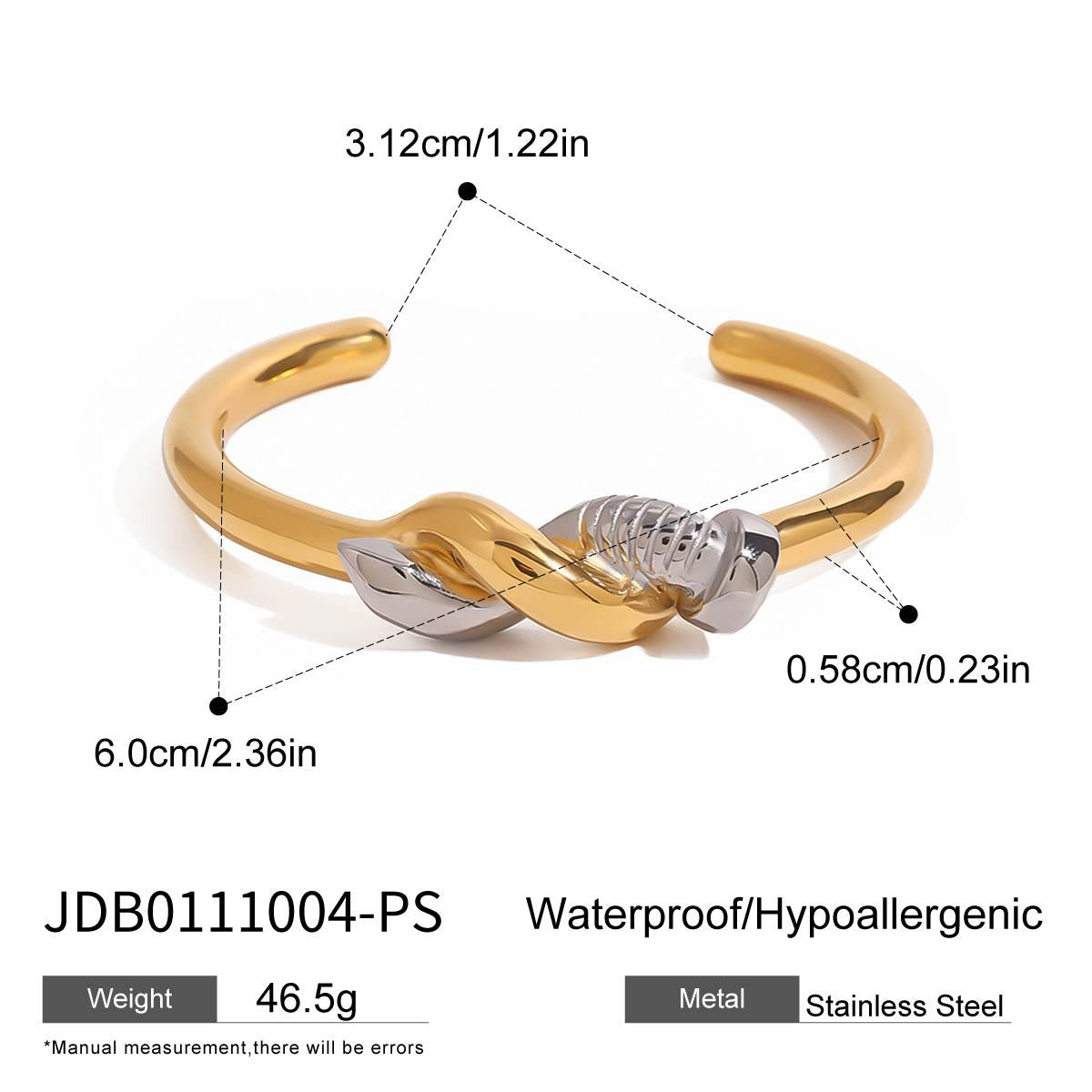 Pulsera de puño de uña de acero inoxidable bañada en oro de 18K de dos tonos de moda