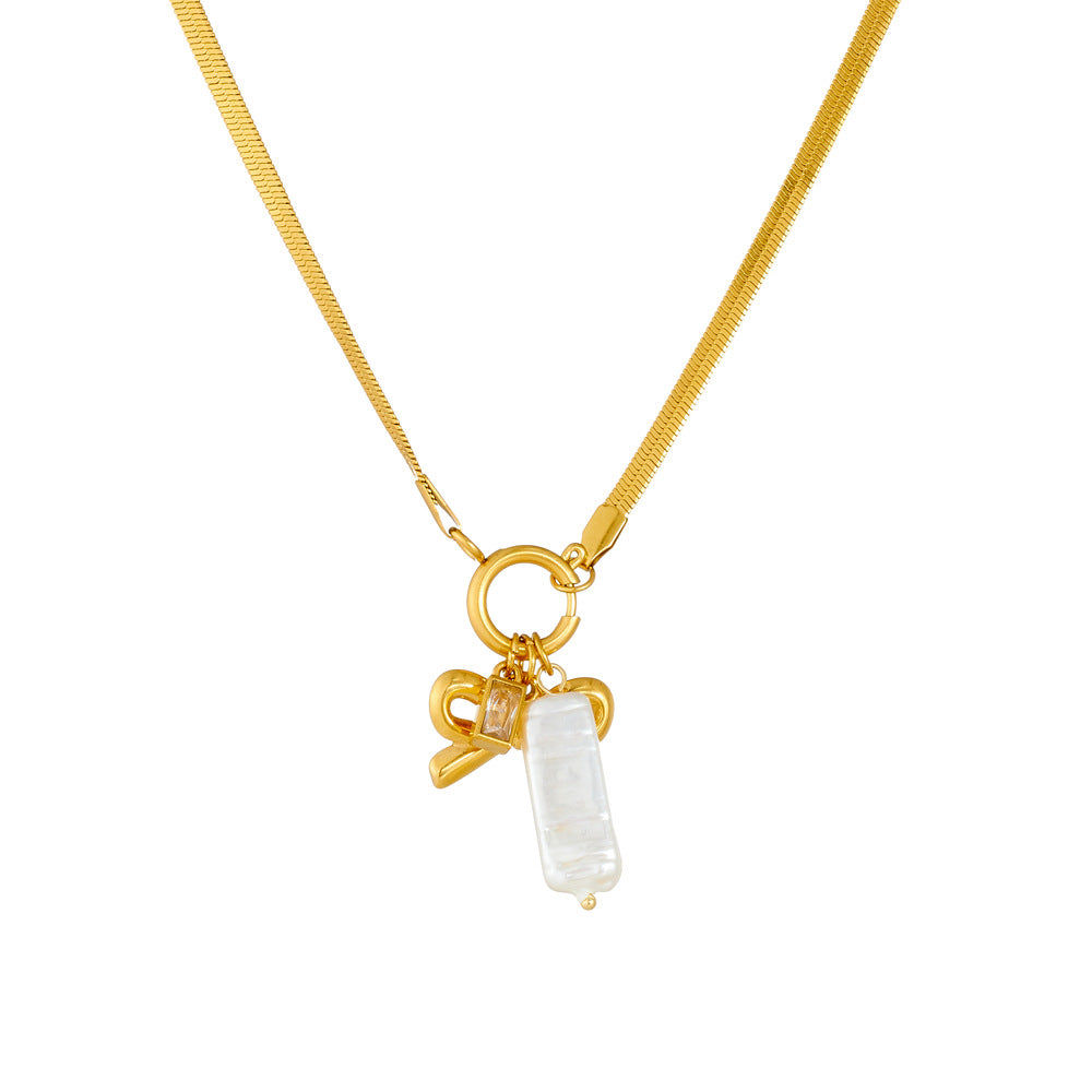 Vintage Elegant Gold Plated Stainless Steel Heart Bow Pearl Pendant Necklace