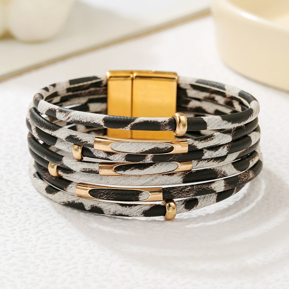 Leopard Print Geometric Round Leather Alloy Bracelet Unisex