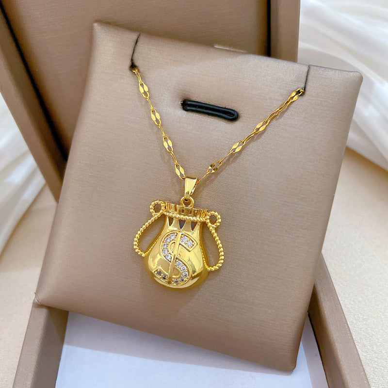 Sweet Geometric Rhinestone Inlaid Titanium Steel Necklace with Brass Pendant