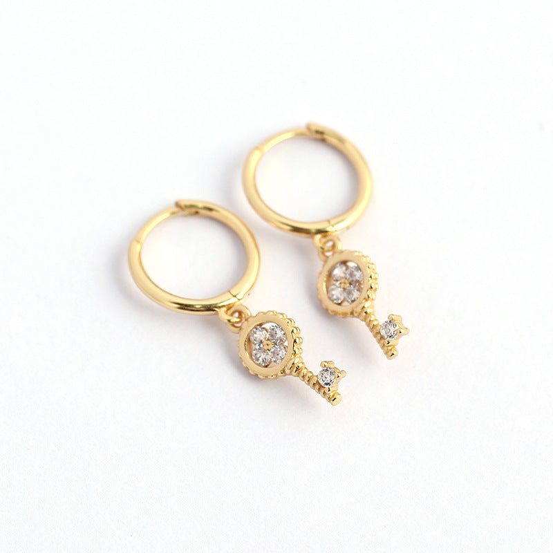 Sweet 925 Sterling Silver Clover Key Hoop Earrings with Rhinestone Inlay