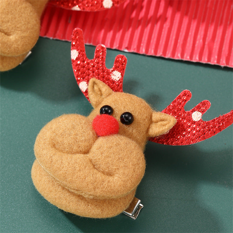 Natural Style Christmas Reindeer Hair Clip for Kids with Bow and Ruffled Mesh Design Plastic Resin Duckbill Hairpin