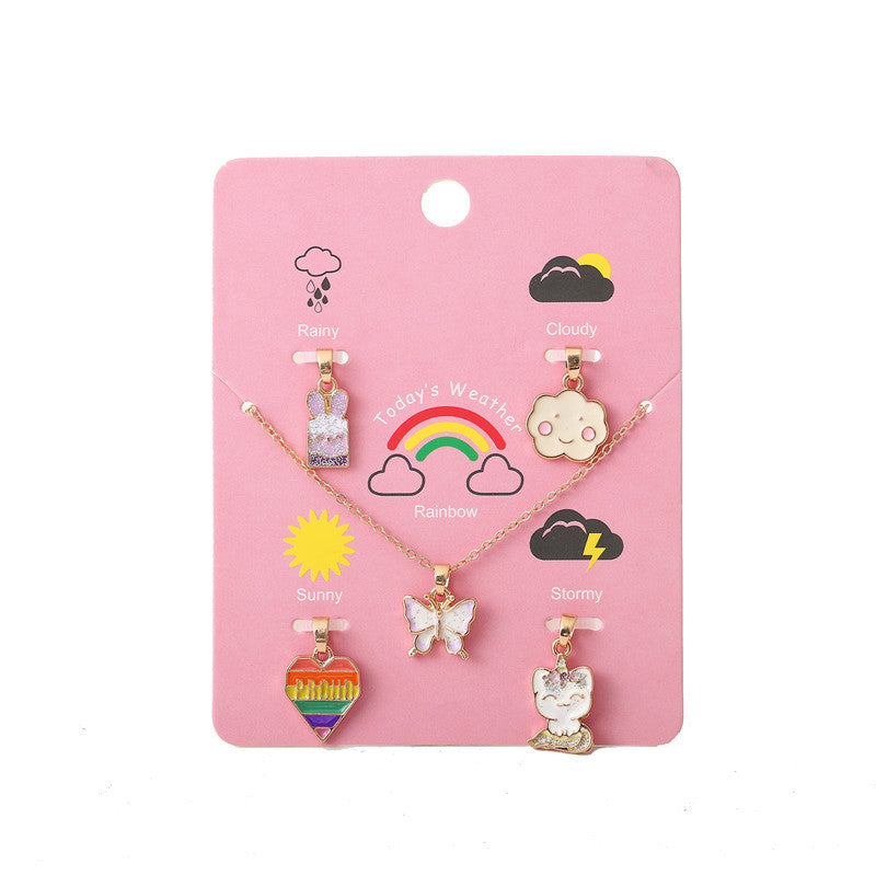 Collana con ciondolo a farfalla a forma di animale cartone animato, in lega, con smalto a goccia e catena a maglie, per bambini
