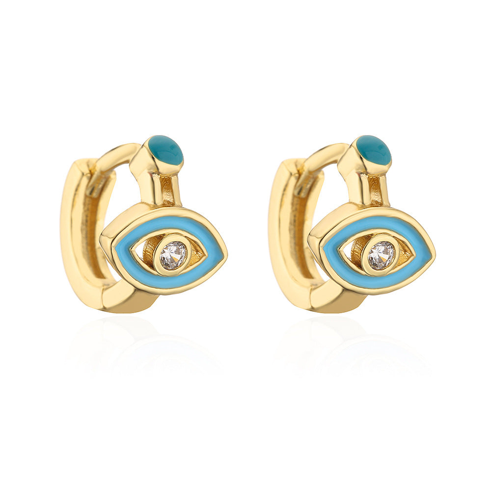 Minimalist Geometric Copper Earrings with 18K Gold Plating and Enamel-Finished Zirconia Eye Accents for Women
