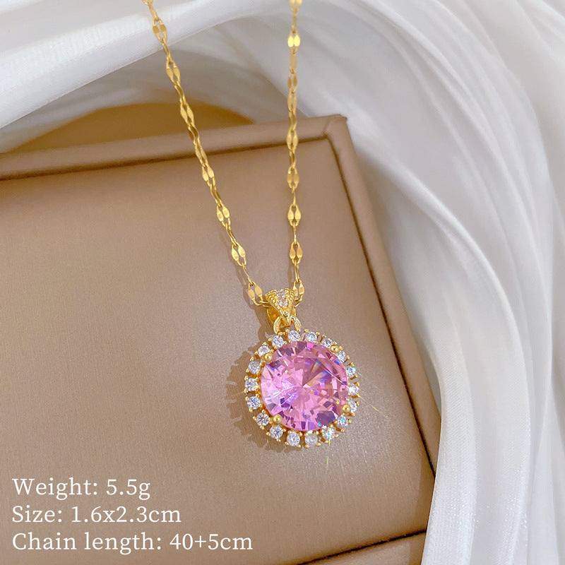 Sweet Round Geometric Titanium Steel Necklace with Micro-Inlaid Cubic Zirconia on Brass Pendant