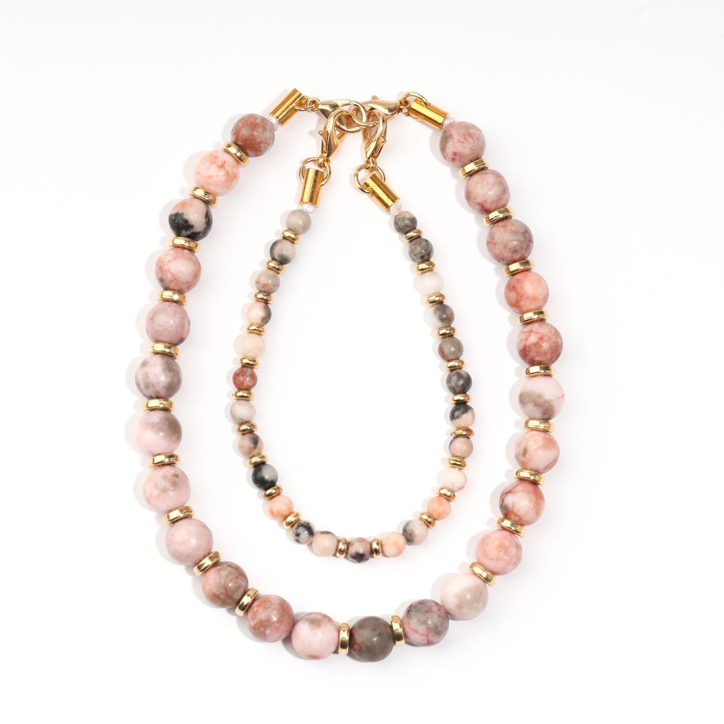 Minimalist Natural Agate and Pink Crystal Beaded Phone Chain with Gold Spacers