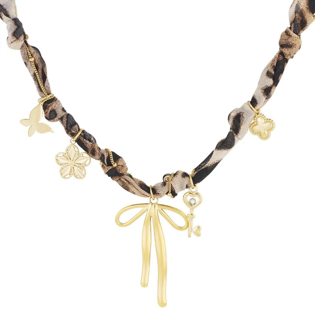 Fashion Unisex 18K Gold Plated Titanium Steel Heart and Bow Key Pendant Necklace with Colorful Lucky Rope