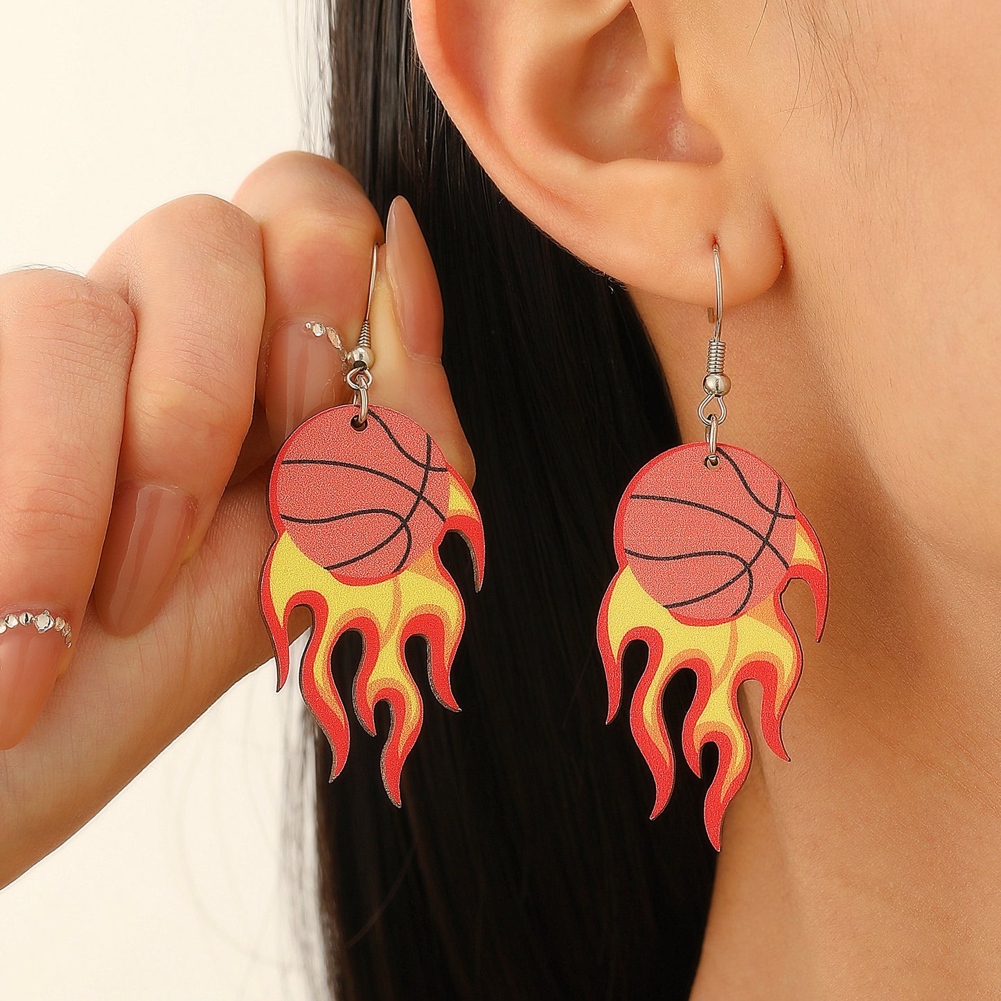 Vintage Acrylic Heart Stud Earrings with Sports Ball Print for Women