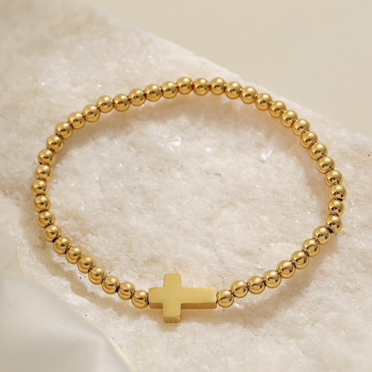 Minimalist Cross Pendant Beaded Bracelet for Women in Stainless Steel with 18K Gold Plating