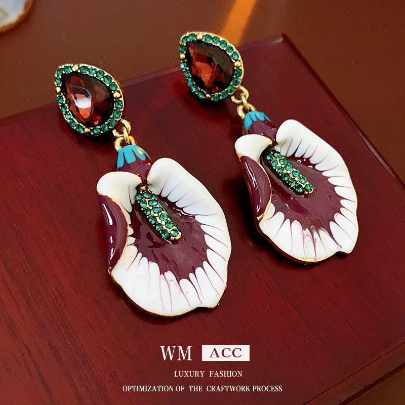 Vintage Chic Floral and Geometric Drop Earrings with Enamel Finish in Alloy with Stainless Steel Posts
