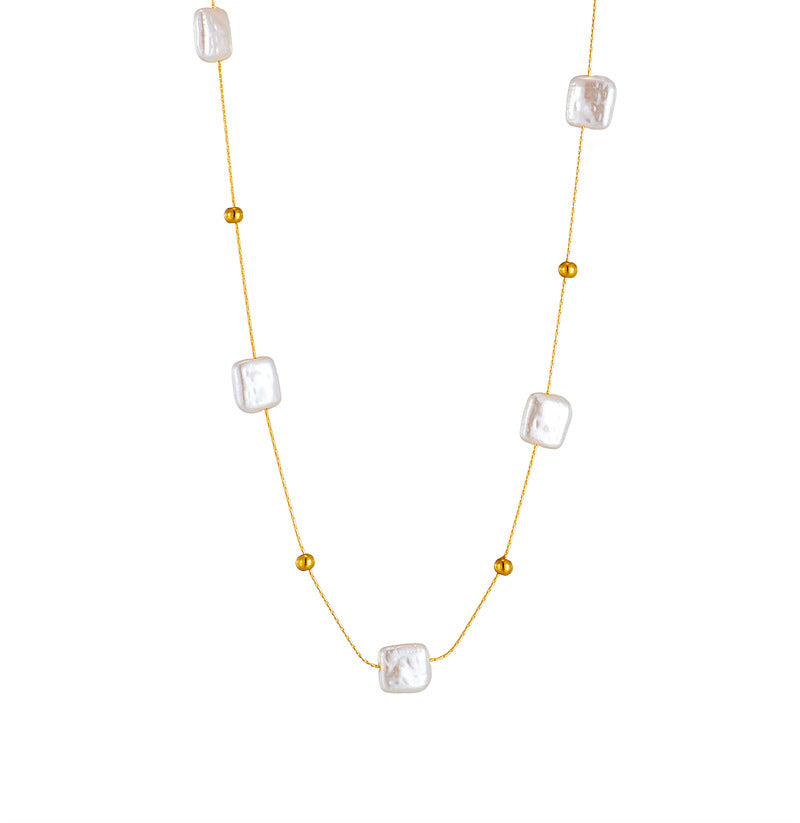 Minimalist French Retro Square Pearl Pendant Necklace in Titanium Steel with Thin Chain and Plated Finish for Women