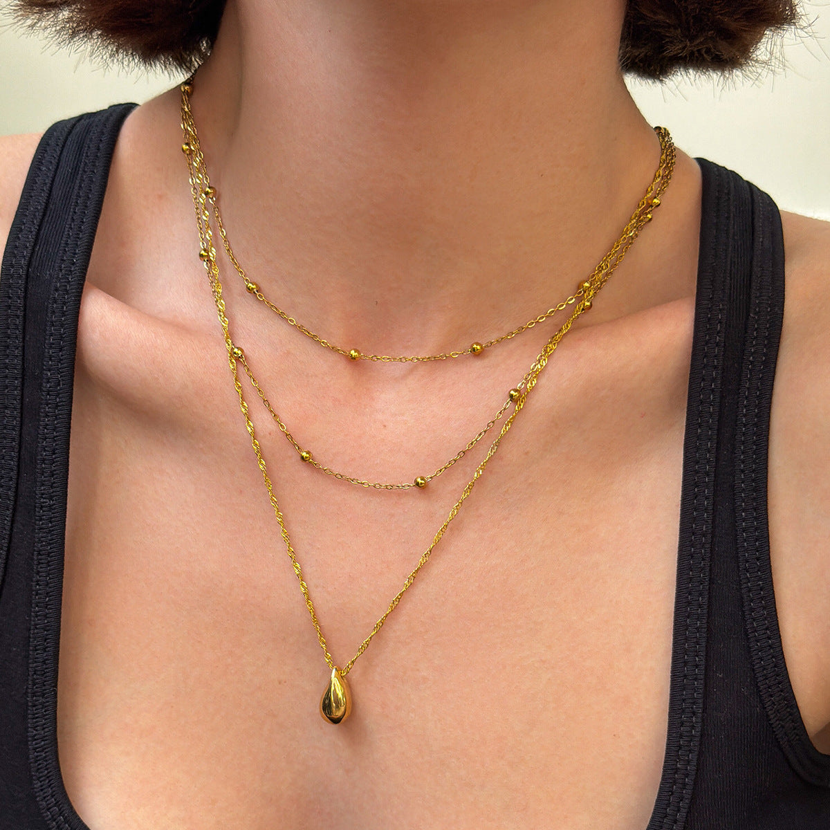 Sweet Punk Geometric Teardrop Stainless Steel 18K Gold Plated Pendant Necklace with Layered Chain for Women