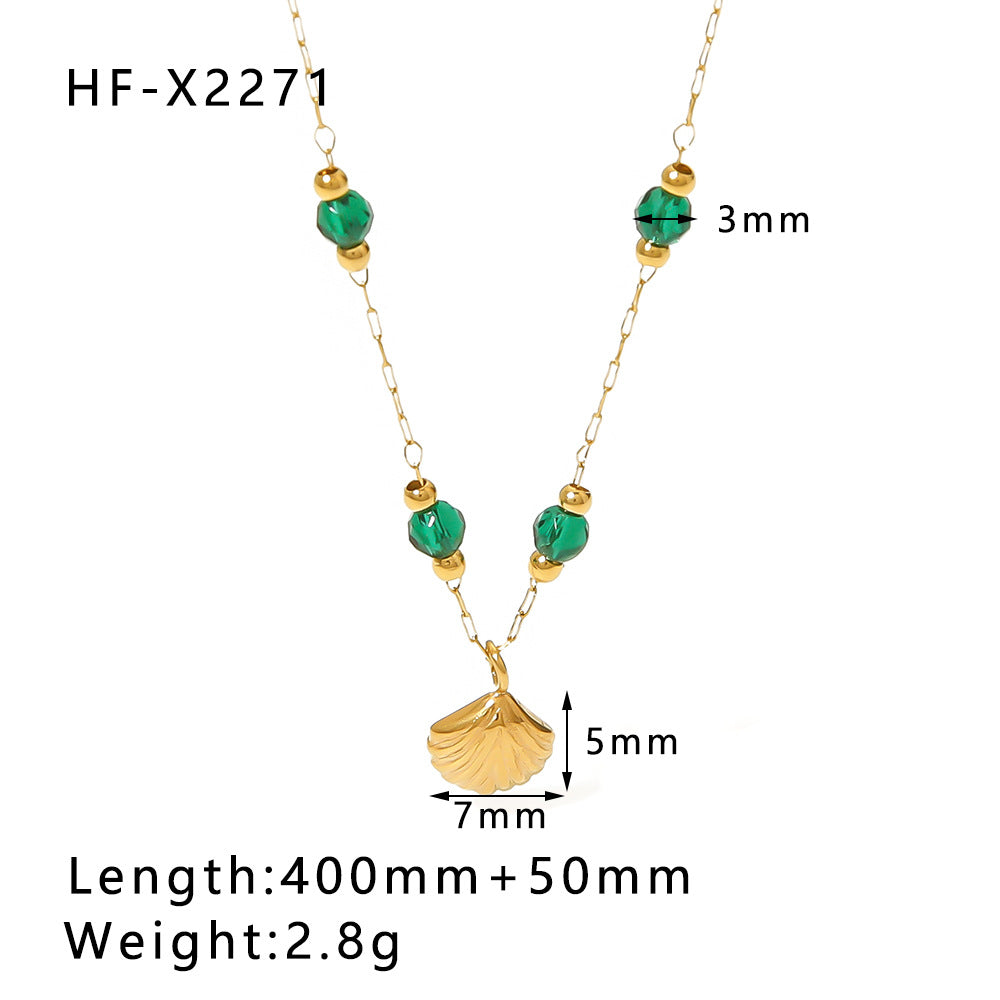 Minimalist French Style Titanium Steel Gold-Plated Shell Pendant Necklace for Women with Turquoise Inlay, Geometric Design Locket Chain