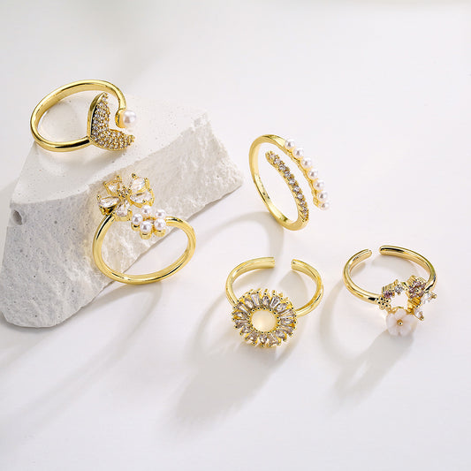 Minimalist Geometric Open Ring for Women Made of Brass with 18K Gold Plating and Micro-Pave Zirconia