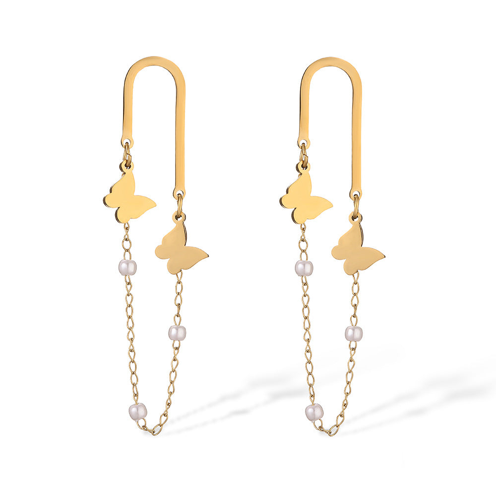 Minimalist Titanium Steel Butterfly and Floral Tassel Long Chain Earrings with Plated Finish