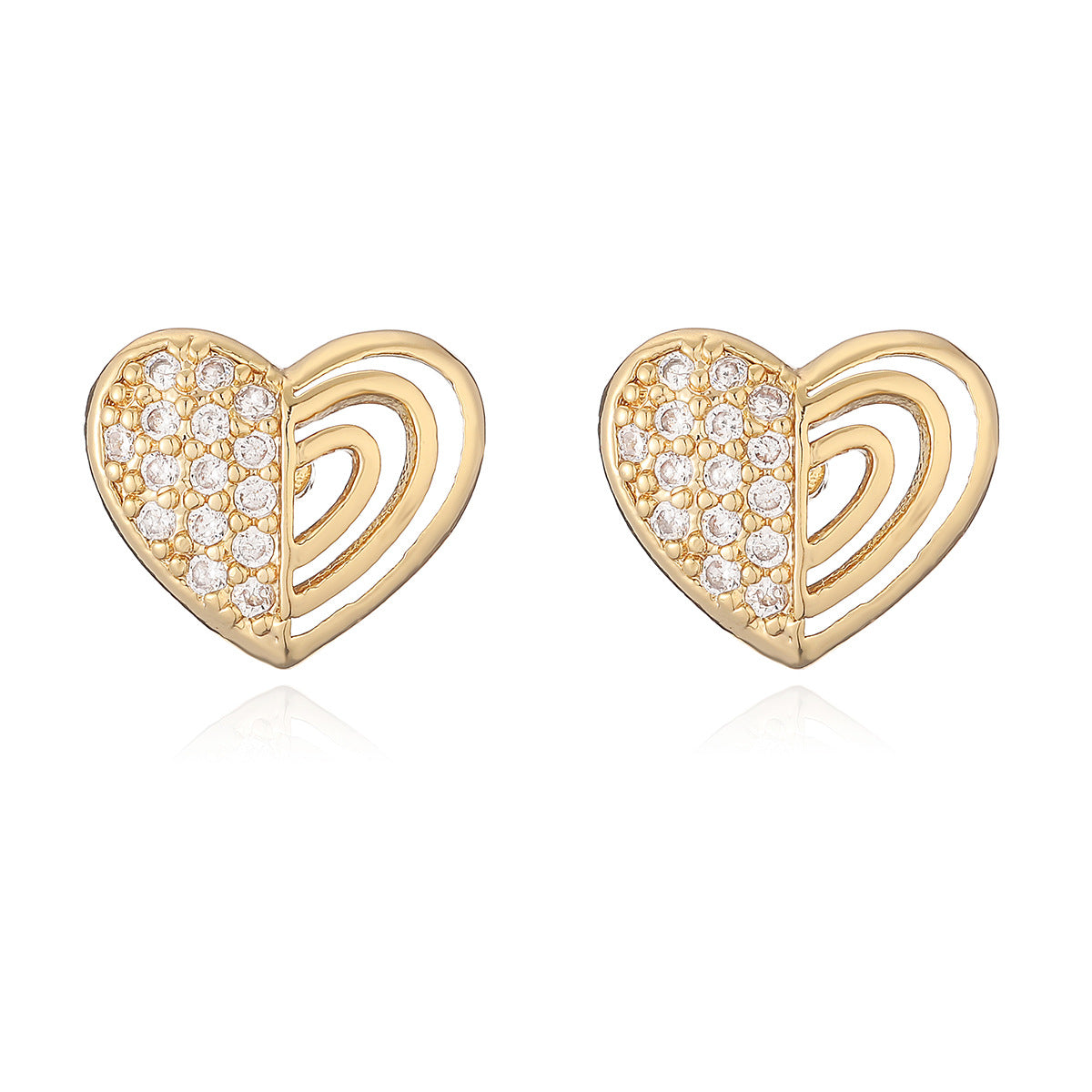 Orecchini a Cuore Minimalisti in Rame con Placcatura in Oro Vero e Intarsio di Zirconi da Donna
