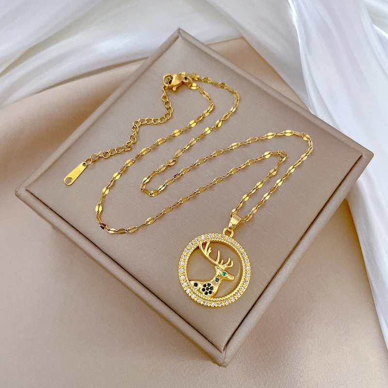 Minimalist Geometric Lucky Deer Pendant Necklace for Women and Men Stainless Steel Snake Chain with Rhinestone Accents