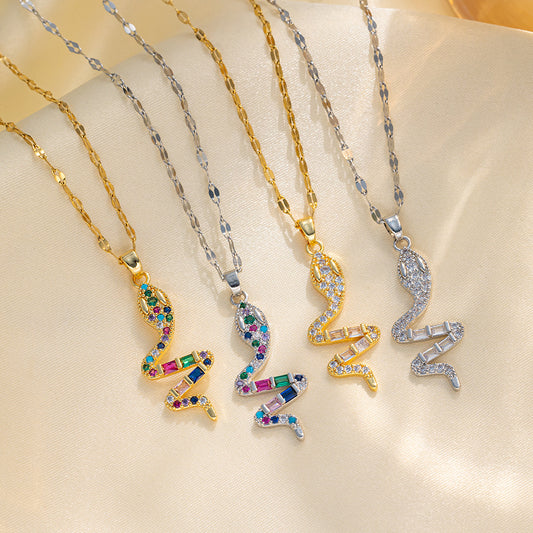 Punk Hip Hop Style Snake Shape Titanium Steel Pendant Necklace with Rhinestone Inlay for Women