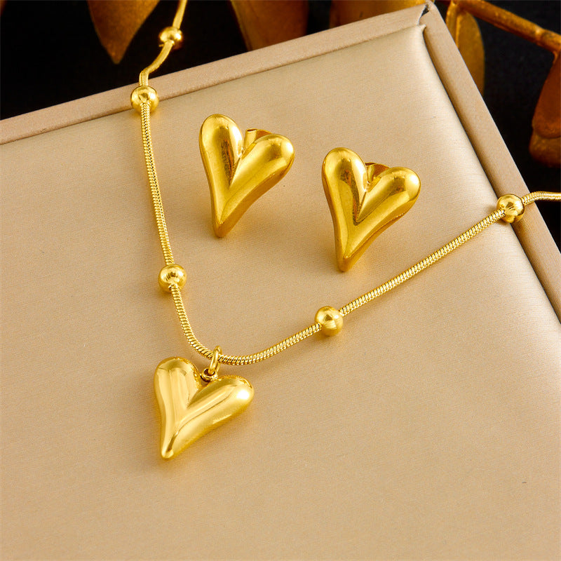 Elegant Minimalist Stainless Steel Plated Snake Chain Heart Teardrop Pendant Jewelry Set for Women