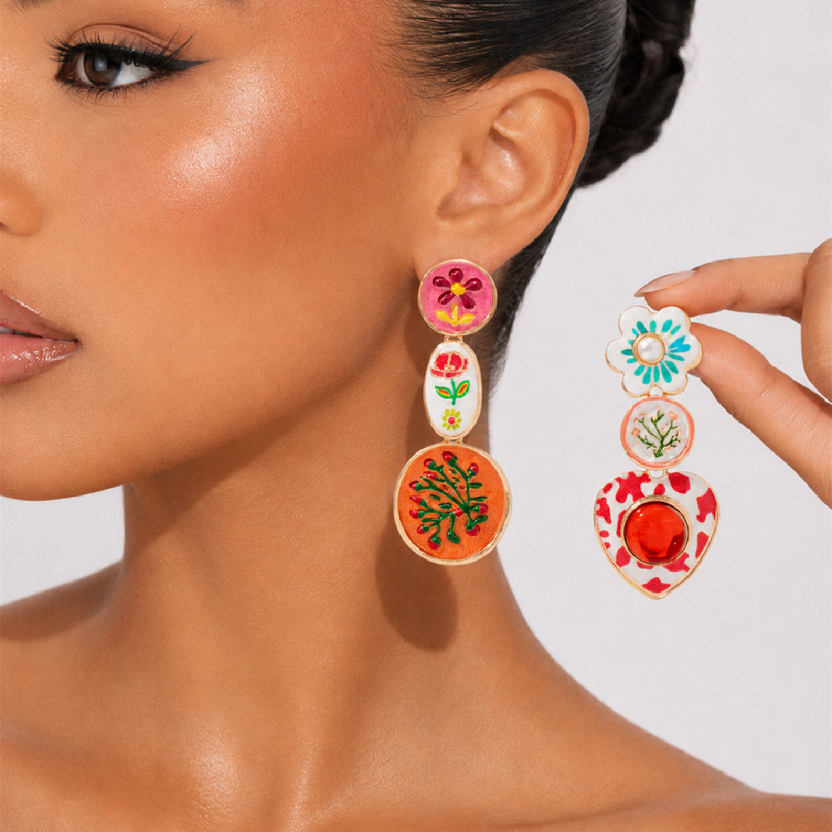 Sweet Floral Drip Oil Plated Zinc Alloy Heart Moon Geometric Earrings for Women