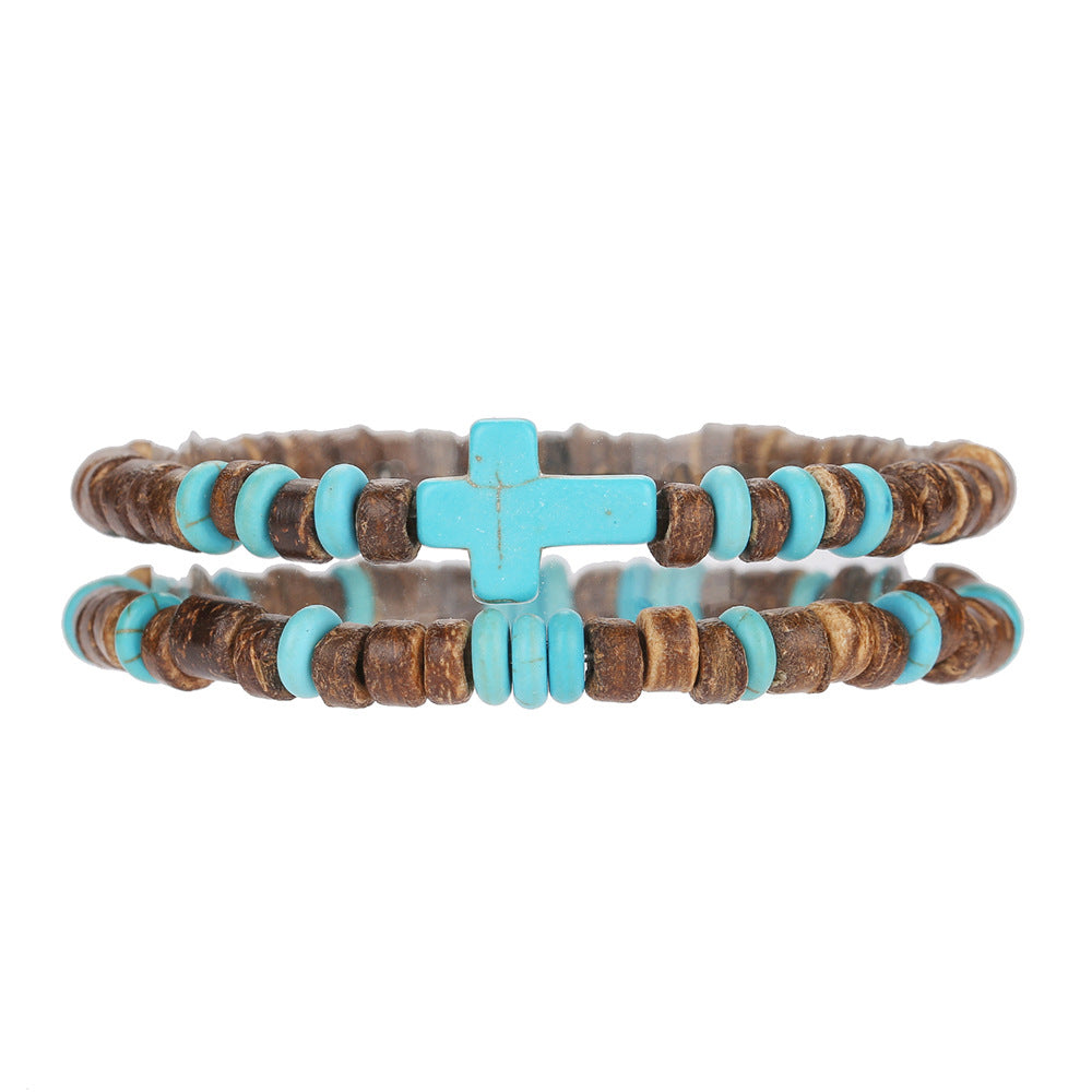 Bohemian Turquoise Cross Geometric Wood Bead Bracelet Unisex Handmade Multi-layer Stackable