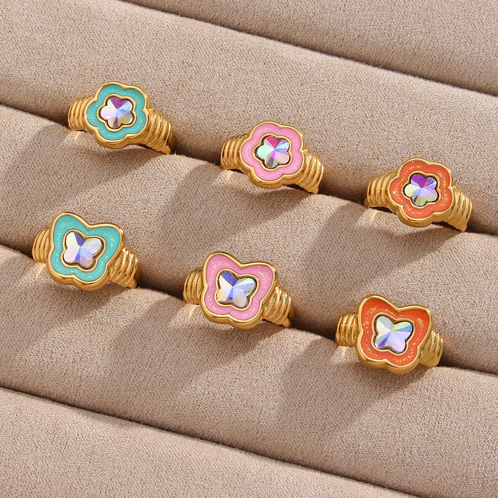 Elegant Butterfly-Shaped Stainless Steel Ring with Rhinestone Accents and Enamel Finish for Women