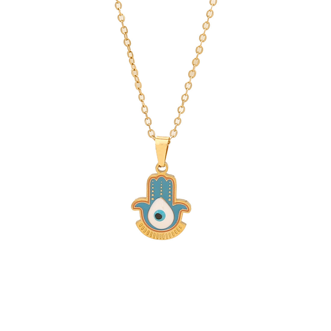 Minimalist Blue Enamel Eye Pendant Necklace with Hand Charm in Stainless Steel