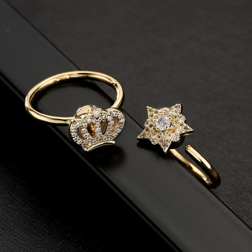 INS Style Geometric Copper Ring with 18K Gold Plating and Micro-Paved Zirconia Crown Star Design