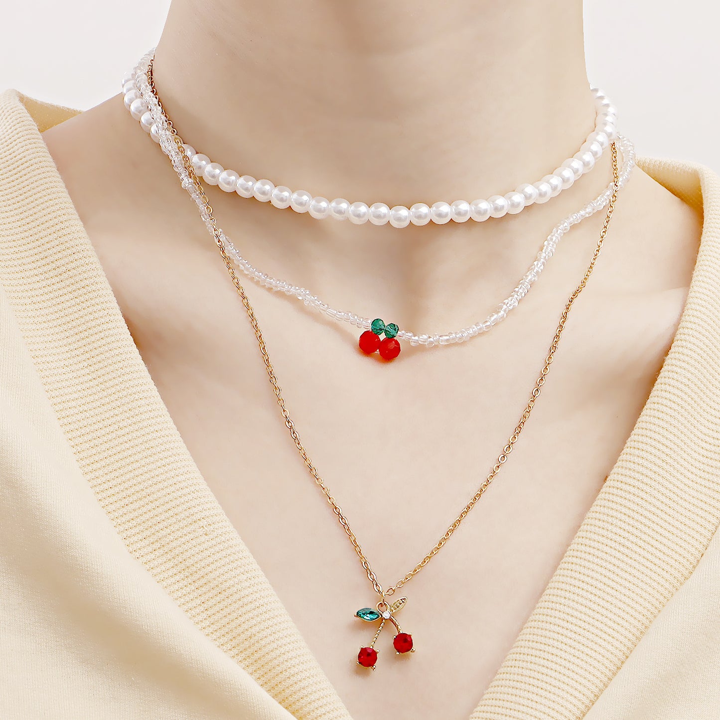 Sweet Minimalist Cherry-Shaped Alloy Pendant Necklace with Gold Plating for Women