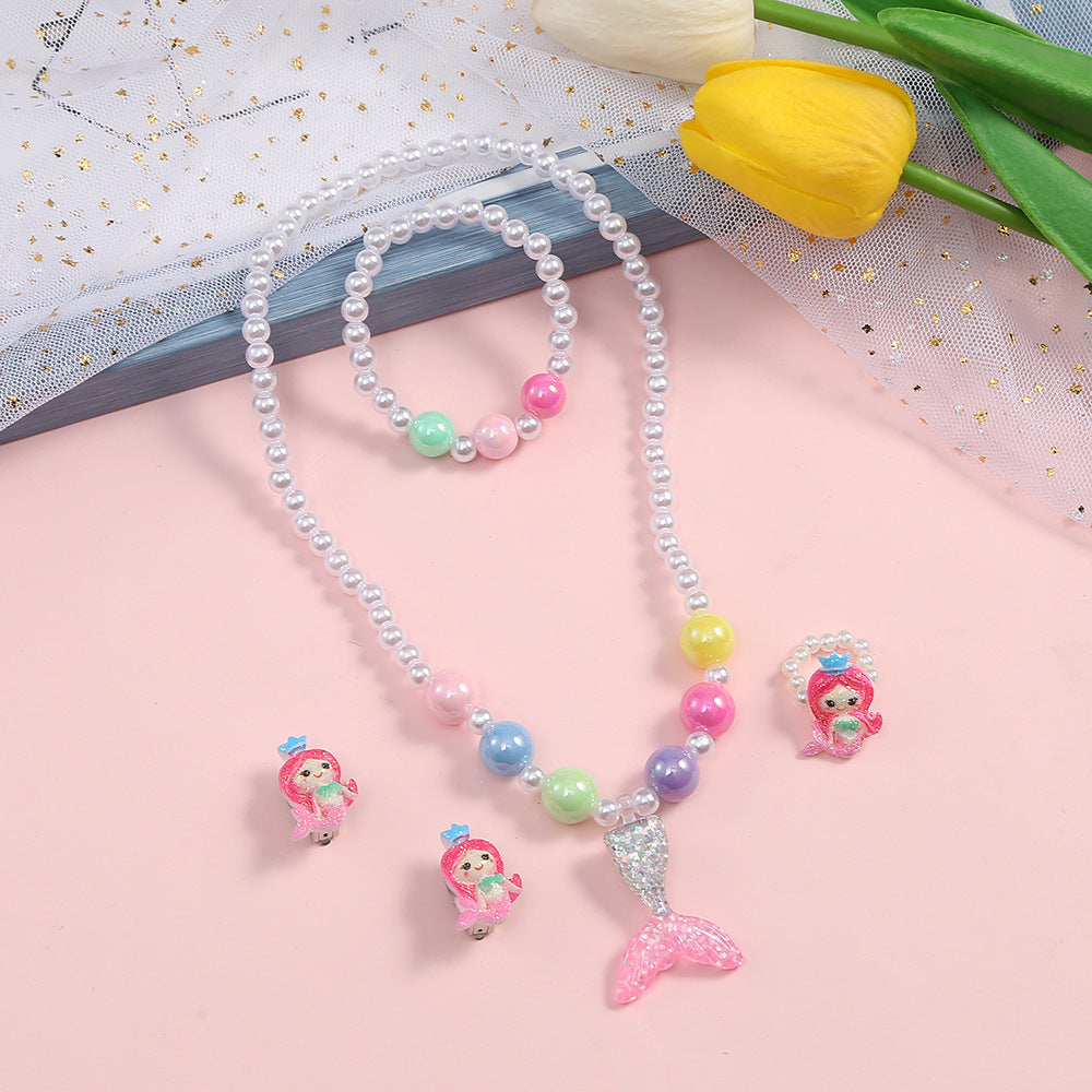 Conjunto de collar infantil de resina con unicornio arcoíris, sirena y conejo de dibujos animados, con colores caramelo y cadena de cuentas