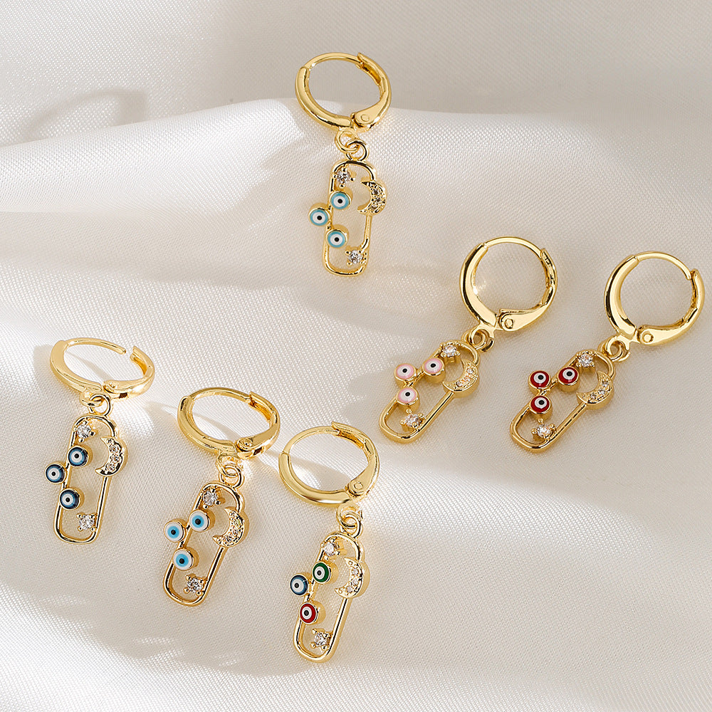 Geometric Star Moon Eye Earrings in Copper with Real Gold Plating and Zircon Inlay