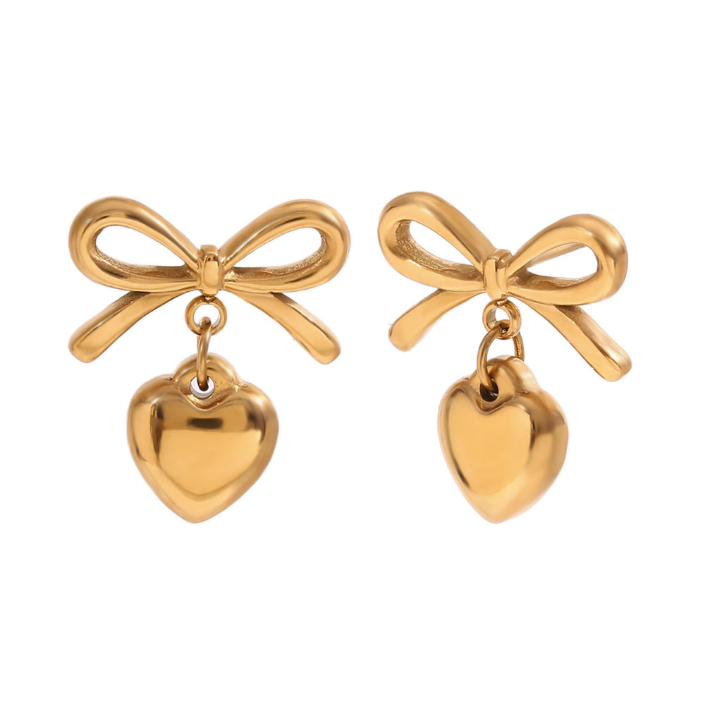 Vintage-Inspired Geometric Hollow-Woven Stainless Steel Ear Studs with 18K Gold Plating and Heart Shape Accent