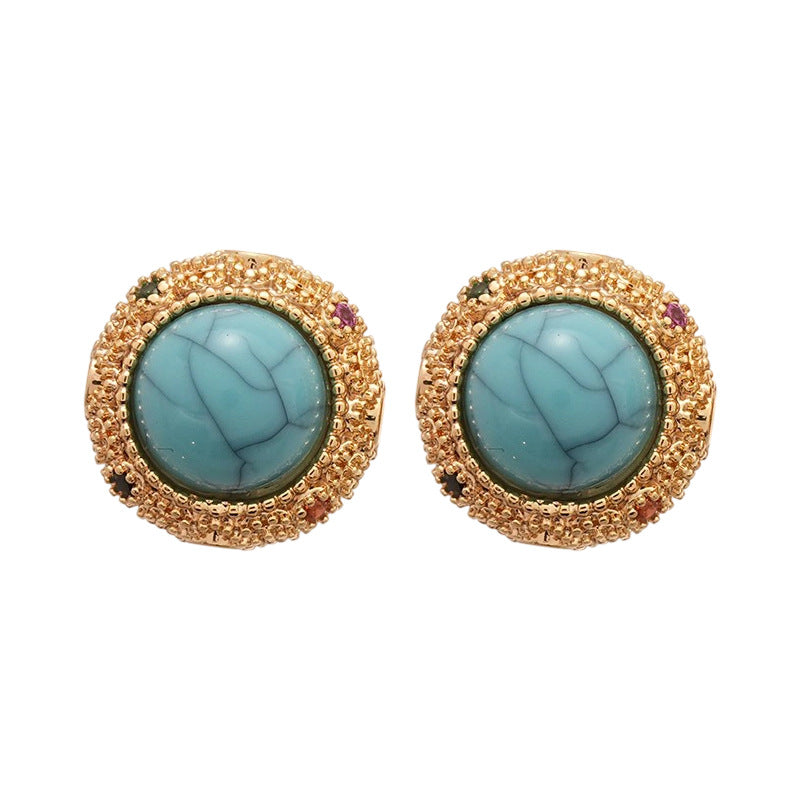 Pendientes Geométricos Modernos Minimalistas con Base de Cobre Bañado en Oro de 18K, Incrustaciones de Turquesa y Postes de Plata de Ley 925