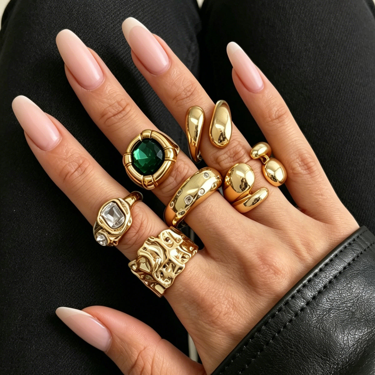 Luxury Elegant Geometric Oval Plated Zinc Alloy Ring with Gemstone Inlay Irregular Liquid Fold Design for Women