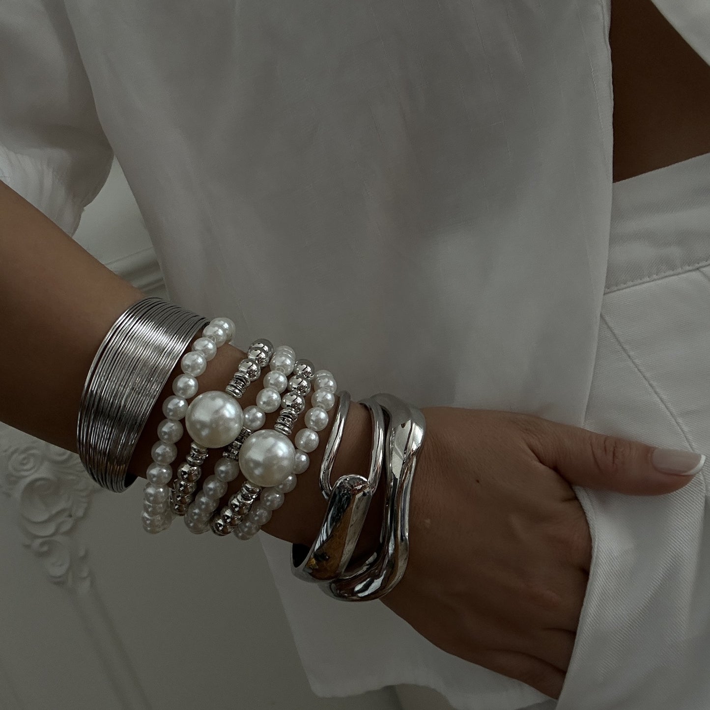 Bold Geometric Round Faux Pearl Plated Rhinestone Multi-Layer Open Cuff Bracelet for Women