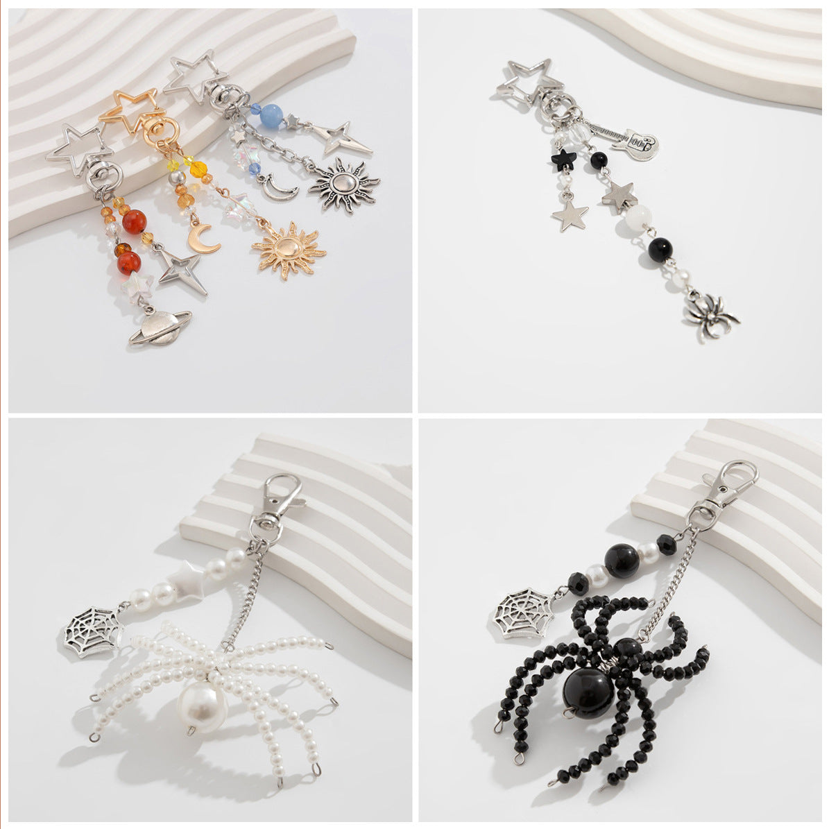 Gothic Streetwear Plated Crystal Keychain Set with Pearl Sunflower Star Moon Charms