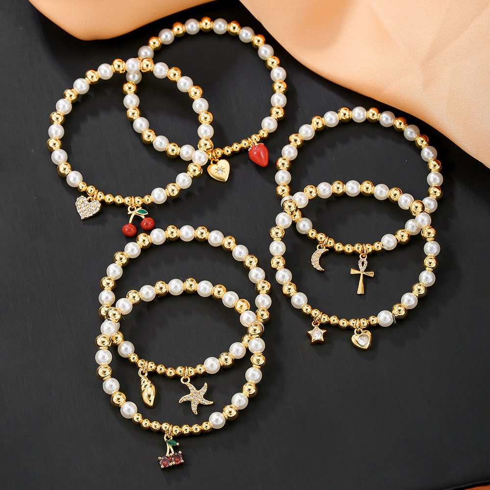 Cherry Heart Cross Fruit Shape Brass Bracelet with Cubic Zirconia and Pearl Inlay for Unisex