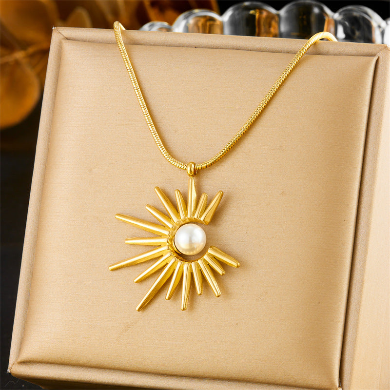 Conjunto de collar, aretes y anillo vintage de girasol con perlas para mujer, cadena de caja de acero inoxidable enchapado