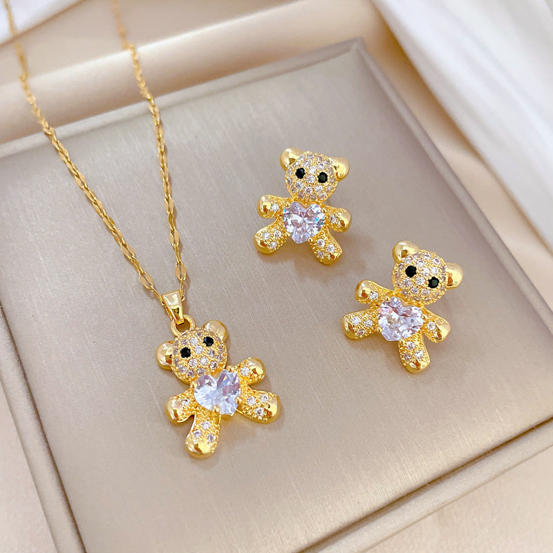 Bear Pendant Necklace and Earrings Set Titanium Steel Geometric Luxury Sweet Party Jewelry
