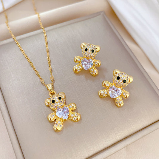 Bear Pendant Necklace and Earrings Set Titanium Steel Geometric Luxury Sweet Party Jewelry