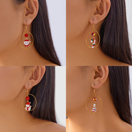 Christmas-Themed Alloy Hoop Earrings with Tree Bell Candy Cane and Snowman Charms for Men and Women Festive Holiday Jewelry Gift
