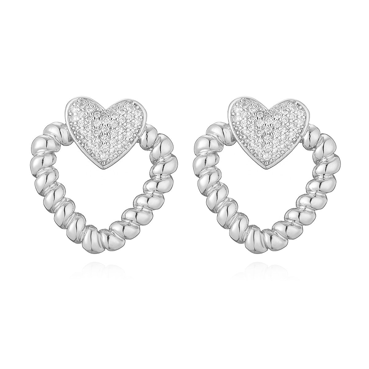 Minimalist Hollow Heart Shape Copper Stud Earrings for Women with Micro-Pave Zirconia Accents