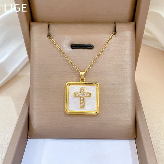 Collar con colgante de cruz cuadrada minimalista de acero inoxidable con incrustaciones de diamantes de imitación para mujer y hombre