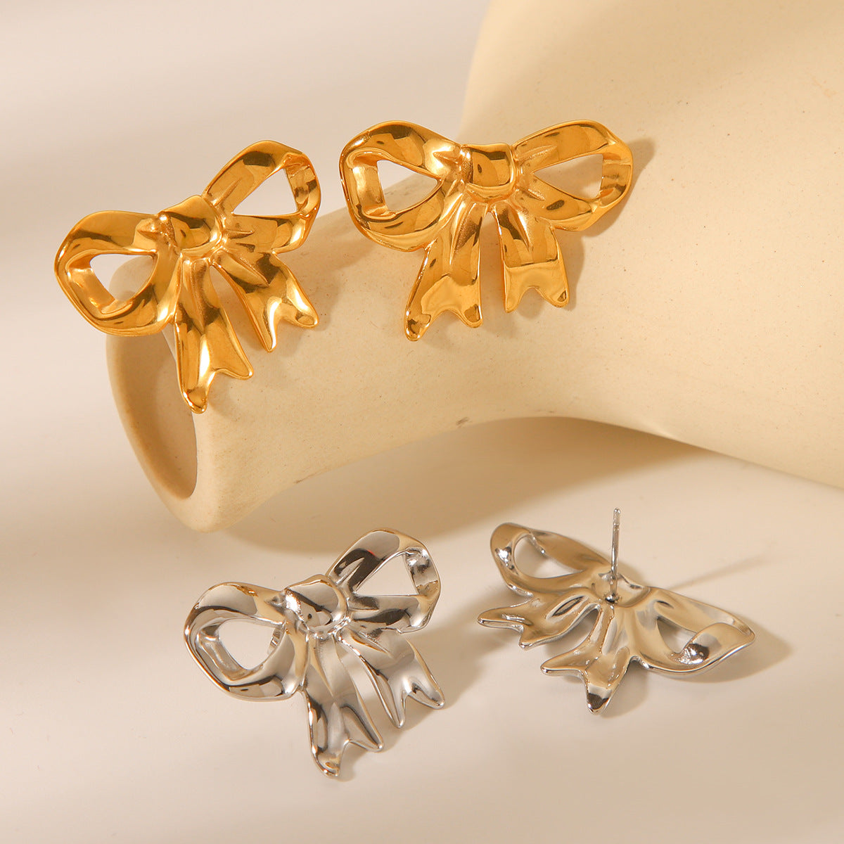 Minimalist Bow-Shaped Titanium Steel Earrings with 18K Gold Plating for Women