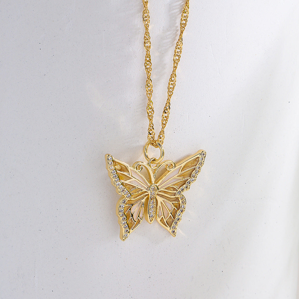 Minimalist Butterfly Pendant Necklace for Women in Copper with 18K Gold Plating and Enamel Finish Featuring Cubic Zirconia Accents
