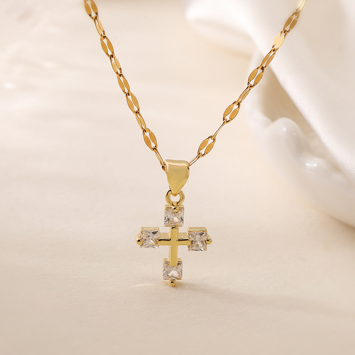 Minimalist Geometric Cross Pendant Necklace for Women with Copper Base Plated in 18K Gold and Zircon Inlay