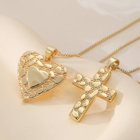 Minimalist Luxury Gold Plated Brass Cross Heart Pendant Necklace for Women