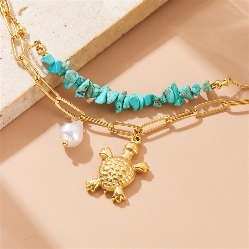 Pulsera de doble capa de acero inoxidable chapado con perlas de tortuga turquesas individualistas