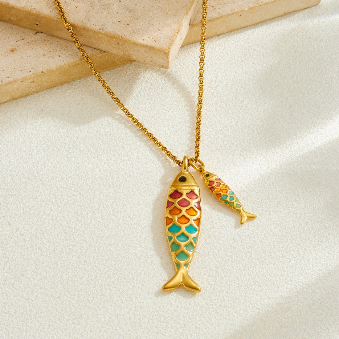Cute Cartoon Colorful Drip Oil Koi Fish Pendant Gold Plated Stainless Steel Necklace for Women
