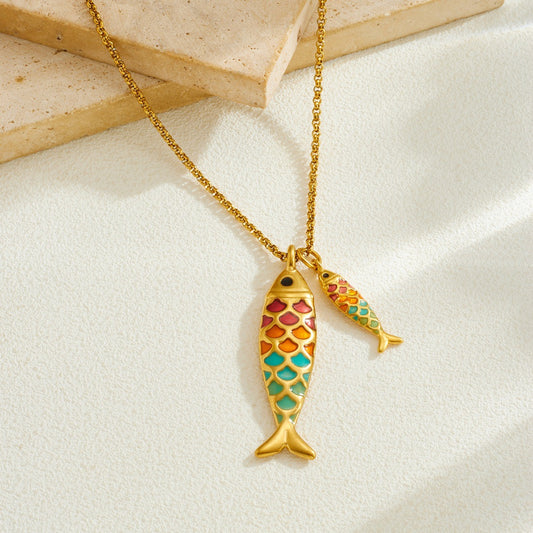 Cute Cartoon Colorful Drip Oil Koi Fish Pendant Gold Plated Stainless Steel Necklace for Women